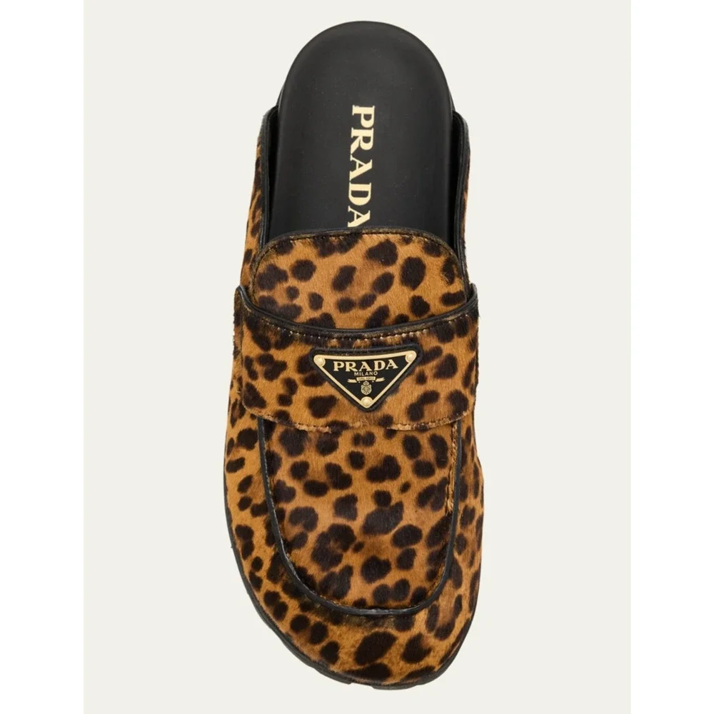 Prada Leopard Pony Fur Fussbett Gold Logo Loafer Slip On Slide Mule Flat 37